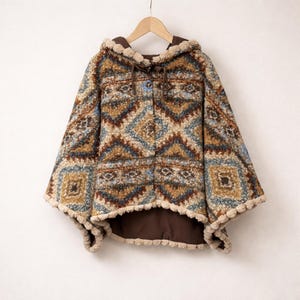 Veste cape bohème à capuche, poncho à motif tribal doublé polaire