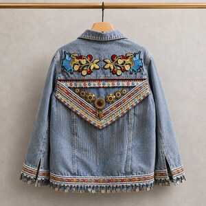 Wild Caravan Denim Jacket | OOAK Handmade Reworked Denim | Embroidered Fringe Jean Jacket | Boho Statement Jacket