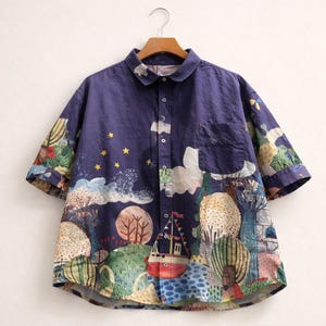 100% Cotton Lightweight Art Print Short Sleeve Shirt,  Whimsical Playful Pattern Shirt, Summer Blouse, Relaxed Fit Oversized Cotton Shirt