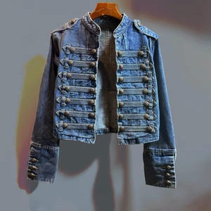 Cadence Denim Jacket | Cropped Military Jacket | Brass Button Band Coat | Moto Style Women's Outerwear