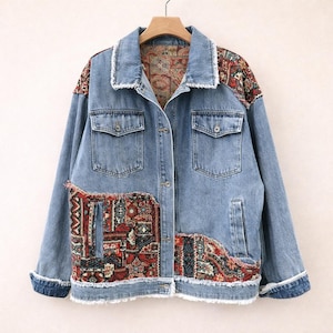 Reworked Denim Jacket, Tapestry Patchwork, Oversized Boho Statement, Vintage Upcycled Jean