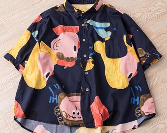 Hand Painted Print Cotton Shirt for Women | Oversized One Size Button Up | Artistic Abstract Blouse