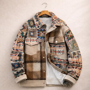 Thick Cotton Patchwork Jacket, Warm Quilted Jacket, Boho Folk Pattern Coat, 100% Cotton Winter Outerwear, Unisex Statement Jacket