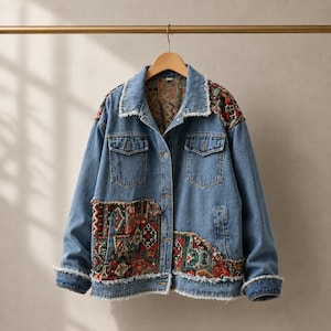 May include: A blue denim jacket featuring a multi-colored patterned fabric inlay on the shoulders and lower front panels. The jacket includes a classic collar, button-down front, two chest pockets, and frayed edges along the hem and collar.