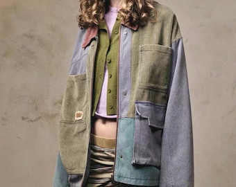 Chaqueta unisex de pana con retazos, ropa de trabajo reciclada, estilo vagabundo.