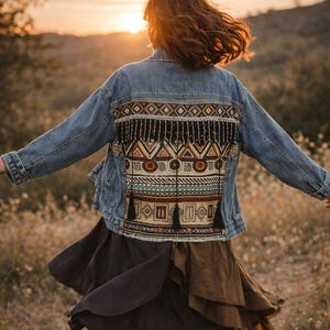 以下が含まれることがあります： 幾何学模様が刺繍された、茶色、ベージュ、黒の色合いのライトブルーデニムジャケット。 ジャケットにはフリンジのディテールがあり、茶色のスカートと合わせています。 写真は夕暮れ時に屋外で撮影されました。