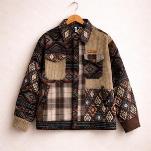 Unisex Thick Cotton Patchwork Jacket, Warm Jacket, Boho Folk Pattern Coat, 100% Cotton Winter Outerwear, Statement Jacket