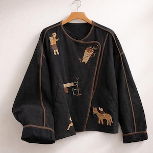 Embroidered Linen Jacket, Folk Art Embroidery Coat, Cotton Lined Linen Outerwear