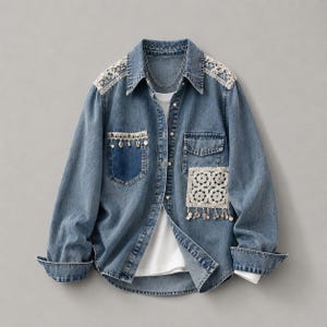 Willow Jeanshemd mit Spitzenapplikationen, Patchwork-Top im Boho-Stil, Upcycling-Jeanshemd im Vintage-Stil, Retro-Jumpingjacke