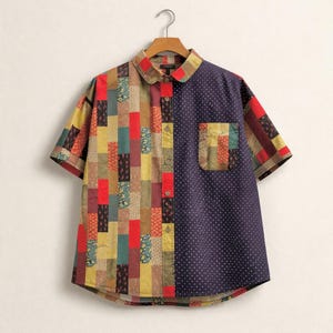 100% Cotton Lightweight Art Print Short Sleeve Shirt,  Whimsical Playful Pattern Shirt, Summer Blouse, Relaxed Fit Oversized Cotton Shirt