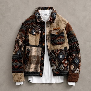 Könnte beinhalten: Eine Patchwork-Jacke mit verschiedenen Mustern und Texturen. Die Jacke kombiniert gewebte Stoffe, Cord und gemusterte Textilien in Braun-, Beige- und Blautönen. Sie hat eine Knopfleiste, zwei Brusttaschen und einen Kragen.