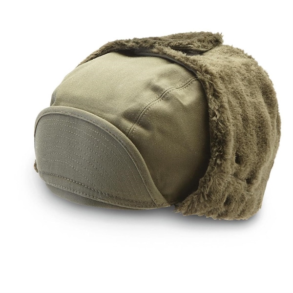 French Military Issue Cold Weather Cap, Wool Lined, Military Surplus, Made in France, Olive Drab