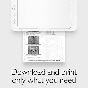 May include: A black and white printable pattern for a plush toy cat. The pattern includes instructions for sewing the cat, a grid for embroidery, and a diagram of the cat's body.