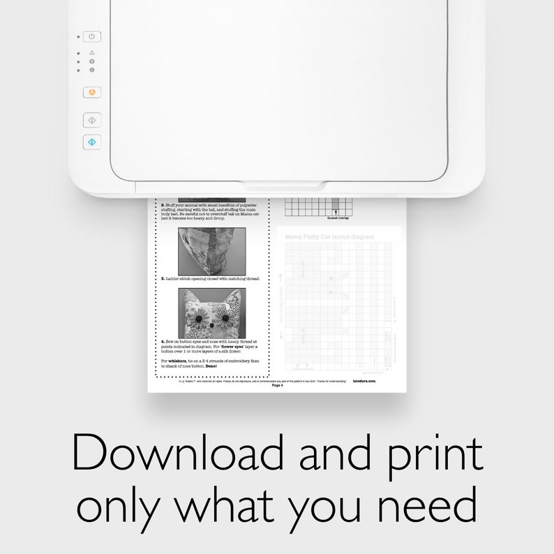 May include: A black and white printable pattern for a plush toy cat. The pattern includes instructions for sewing the cat, a grid for embroidery, and a diagram of the cat's body.