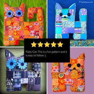 May include: Four patchwork fabric cat toys in different color combinations. The cats are made of squares of fabric in various patterns and colors, including red, orange, blue, green, and yellow. The cats have black button eyes and black felt noses.