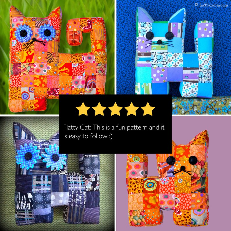 May include: Four patchwork fabric cat toys in different color combinations. The cats are made of squares of fabric in various patterns and colors, including red, orange, blue, green, and yellow. The cats have black button eyes and black felt noses.