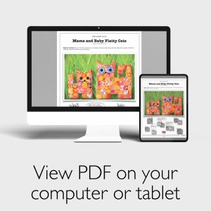 May include: A digital download of a sewing pattern for a Mama and Baby Flatty Cats project. The pattern includes instructions and diagrams for creating two patchwork cats, one larger than the other. The cats are shown in a colorful patchwork style with orange, yellow, and blue fabrics.