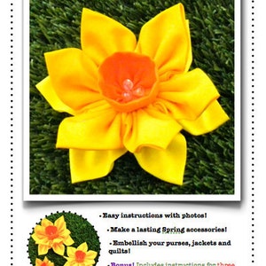 Kanzashi Flowers Pin Brooch Daffodil Pattern PDF Pattern Tutorial Fabric Flower Headbands Hair Clip Bouquet Embellishments Wedding La Todera image 4