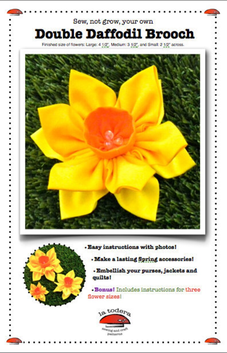 Kanzashi Flowers Pin Brooch Daffodil Pattern PDF Pattern Tutorial Fabric Flower Headbands Hair Clip Bouquet Embellishments Wedding La Todera image 4