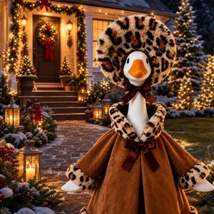 23" Autumn Goose Outfit – Leopard Print Dress & Matching Hat Set, Fall Porch Goose Costume, Cute Lawn Decor (Goose Not Included)