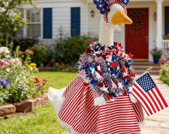 July 4th Porch Goose Costume – Patriotic Dress, Bow, Wreath, Flag Set
