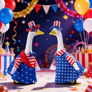 Puede incluir: Dos figuras de gansos vestidos con atuendos patrióticos. Uno lleva un atuendo rojo, blanco y azul con un sombrero y gafas de sol a juego. El otro ganso viste un atuendo similar, con un sombrero azul y una capa blanca con estampado de estrellas. Globos y decoraciones en el fondo.