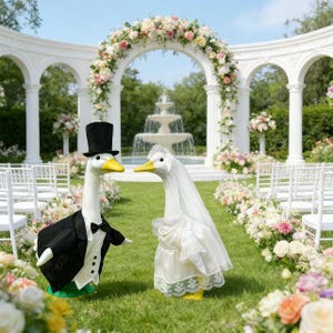 May include: Two goose figurines dressed as a bride and groom stand on green grass in front of a wedding arch. The groom goose wears a black tuxedo and top hat. The bride goose wears a white wedding dress and veil.