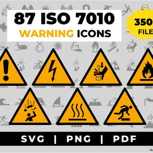 Op de afbeelding: Een verzameling van 87 ISO 7010 waarschuwingsiconen met gele driehoeken en zwarte randen. De tekst luidt 87 ISO 7010 WARNING ICONS, 350+ FILES en SVG | PNG | PDF. De iconen tonen gevaren zoals elektriciteit, vuur en vallende voorwerpen.