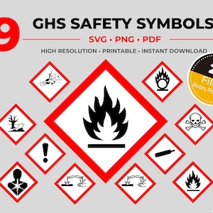 May include: A graphic featuring nine GHS safety symbols in red and black, including a flame, skull and crossbones, and exclamation mark. The text "GHS SAFETY SYMBOLS" is at the top, with "SVG.PNG.PDF" below it. The image also includes the text "HIGH RESOLUTION. PRINTABLE. INSTANT DOWNLOAD."