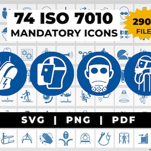 May include: A collection of 74 ISO 7010 mandatory safety icons in SVG, PNG, and PDF formats. The image features various safety symbols in blue circles, including icons for protective footwear, eye protection, and respiratory protection. The image also includes the text "290+ FILES".