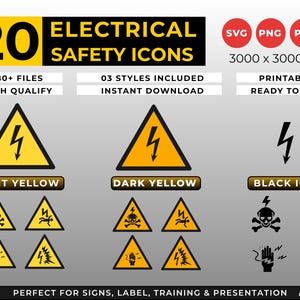 Op de afbeelding: Een digitale collectie van 20 elektrische veiligheidspictogrammen met bliksem-, schedel- en menselijke figuursymbolen. De set bevat lichtgele, donkergele en zwarte variaties in SVG-, PNG- en PDF-formaten van 3000 x 3000 px.
