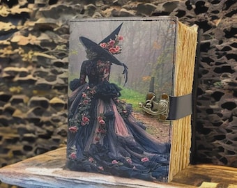 Diario de cuero hecho a mano con grimorio de bruja, libro de hechizos vintage con bordes irregulares, libro de las sombras gótico con rosas, regalo de diario de brujería