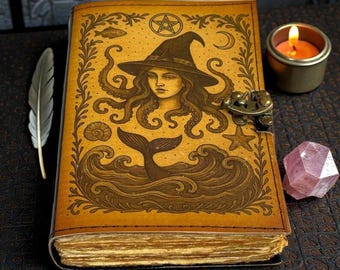 Personalized Ocean Witch Leather Journal 400 Pages | Mermaid Book of Shadows Grimoire | Handmade Spell Diary Deckle Paper | Gift for Her