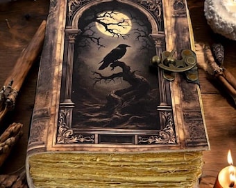 Diario de cuero con grimorio de cuervo hecho a mano: libro de hechizos pagano gótico vintage de las sombras, regalo de bruja.
