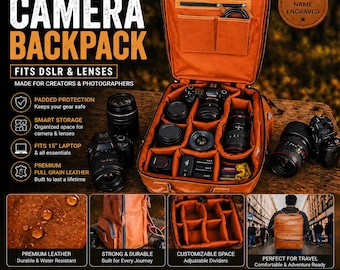 Personalized Leather Camera Backpack | Handmade Full Grain DSLR Bag | Custom Name Photography Backpack | Vintage Travel Camera Bag Gift