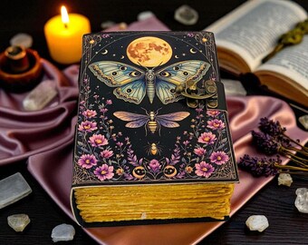 400 Page Floral Moon Moth Journal – Celestial Leather Grimoire | Handmade Book of Shadows | Witchy Garden Sketchbook | Full Moon Diary