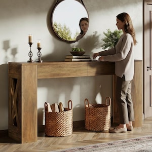 Mesa de console estilo fazenda com gavetas, mesa de sofá rústica de madeira para hall de entrada
