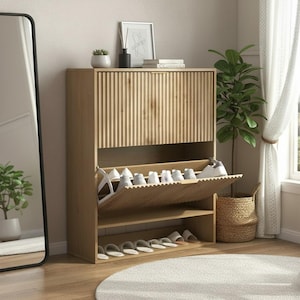 Zapatero de entrada acanalado, estante de almacenamiento delgado de estilo moderno de mediados de siglo