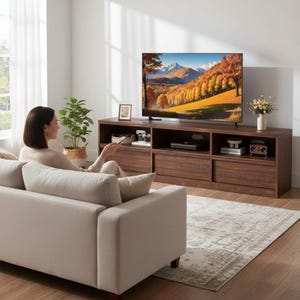 Puede incluir: Una sala de estar con un televisor grande que muestra un paisaje. El televisor está sobre un mueble de entretenimiento de madera marrón oscuro con almacenamiento. Un sofá beige y una alfombra estampada están en primer plano. Una mujer está sentada en el sofá.