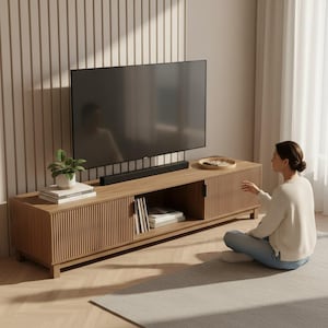 May include: A light brown wooden TV unit with a large flat-screen TV. The unit has a ribbed design and a shelf for storage. A soundbar is below the TV. A small plant and books are on the unit. The unit is 180 cm long.