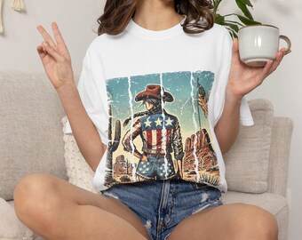 Cowgirl with American Flag T-shirt | Western Desert Vintage Graphic