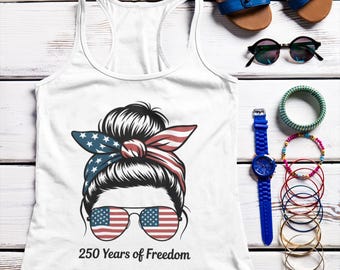 250 Years of Freedom | Patriotic Messy Bun Women's Racerback Tank Top