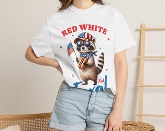 Red White and Feral raccoon T-shirt | Patriotic Americana Fourth of July