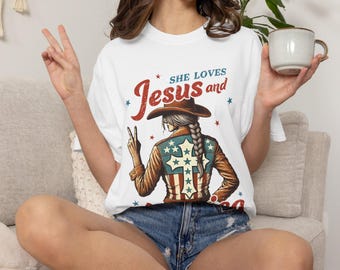 She Loves Jesus and America T-shirt | Patriotic Cowboy Graphic Tee