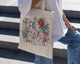 USA Vintage Floral typography Tote | 4th of July patriotic canvas bag