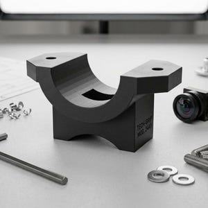 May include: A black, curved bracket with two holes, a small camera, screws, washers, and an Allen wrench are arranged on a light gray surface. A blueprint and metal shavings are also present. The bracket has the text "TECH-GRIP MOD 244".