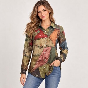 Vintage Patchwork Print Women's Blouse, Boho Folk Art Button Down Shirt, Rustic Floral Long Sleeve Top, Cottagecore Gift for Her