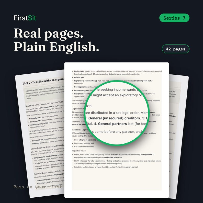 Real sample page from the Series 7 Complete System PDF — FirstSit plain-English study material