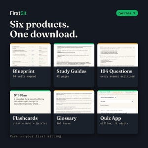 What is inside the Series 7 bundle: blueprint, study guides, practice questions, flashcards, glossary, and quiz app with counts