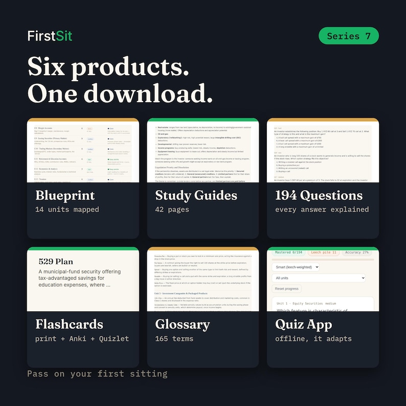 What is inside the Series 7 bundle: blueprint, study guides, practice questions, flashcards, glossary, and quiz app with counts
